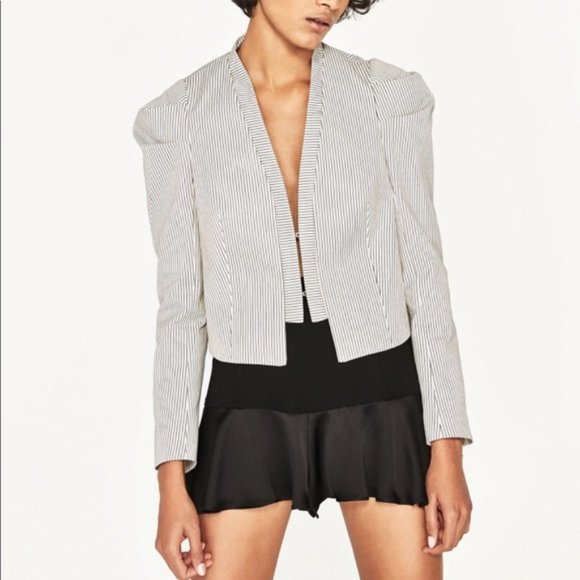 Zara Basics Pinstripe Puff Sleeve Cropped Blazer